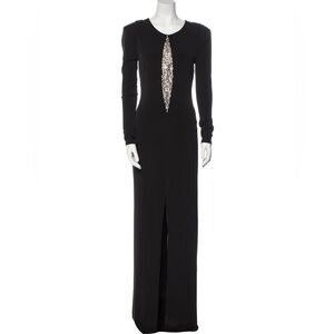 Issue black long sleeve maxi gown evening dress with crystal beading, back zip